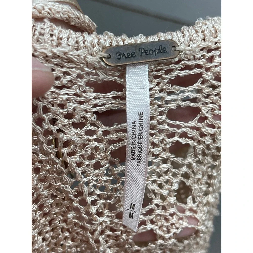 Free People Zinnia Top Pink‎ Sand Combo Crochet Metallic Ruched Bell Sleeve M